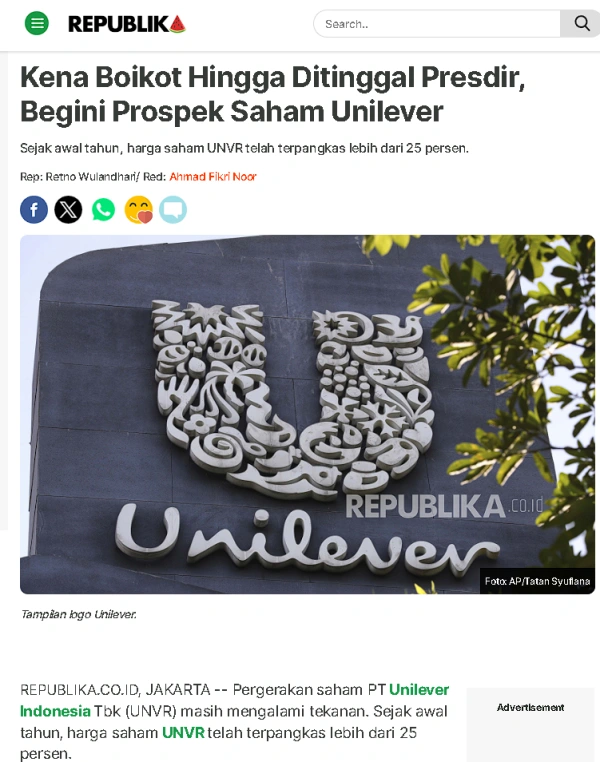 efek boikot produk israel Saham Unilever Ambruk Kena Boikot Hingga Ditinggal Presdir